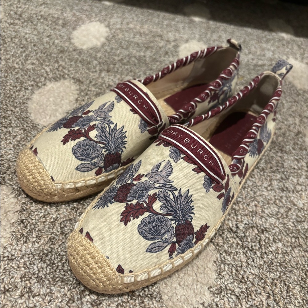 NIB Tory Burch Grosgrain Whipstitch Floral Cotton Espadrille Flat Shoe Size 6
